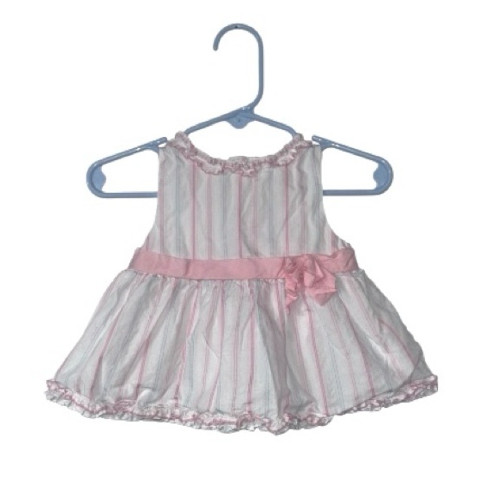 Janie And Jack White Pink Blue Dress Stripes Bow Ruffle Baby Girls 3-6 Months
